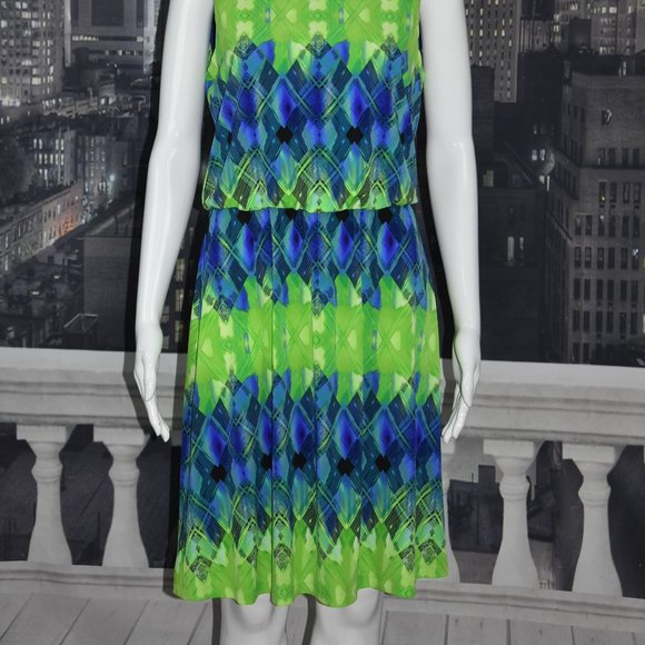 Maggy London size 6 Sleeveless Blue & Green Knee Length Lined Dress - Picture 9 of 10